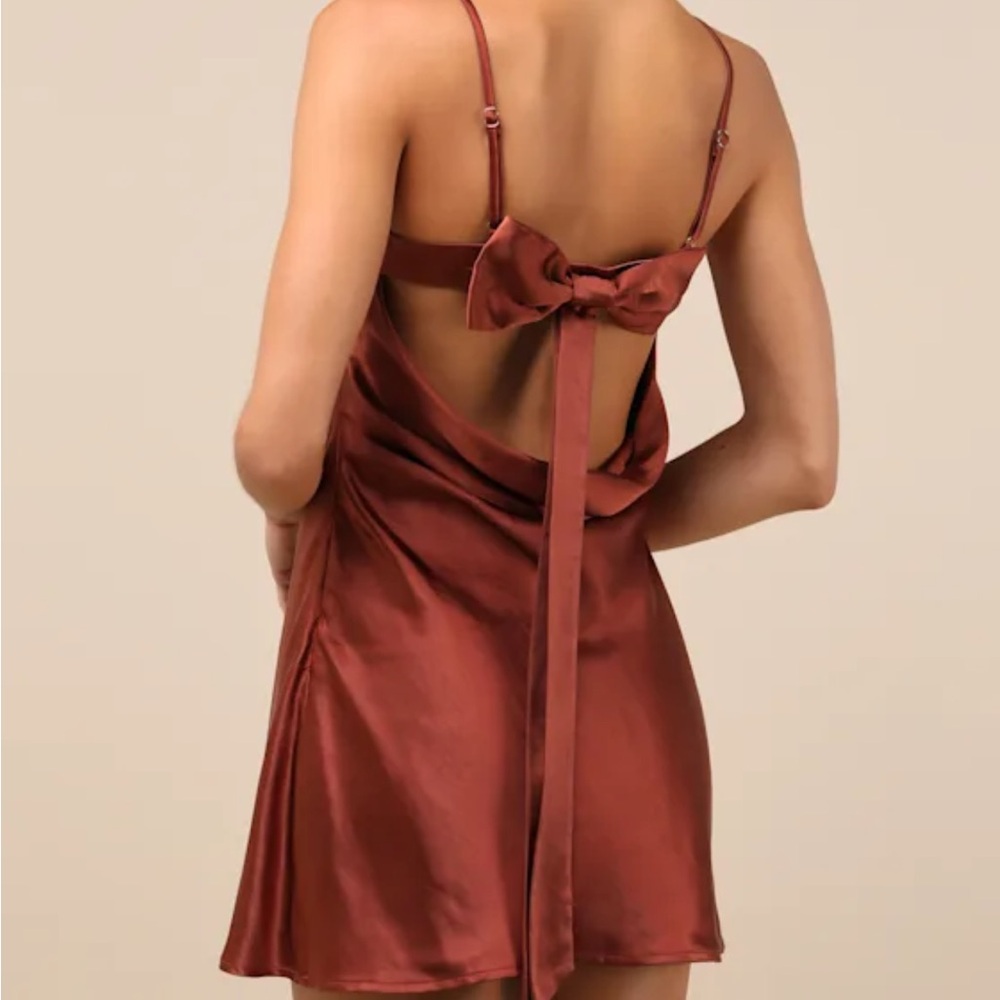 Sincerest Elegance Rust Brown Satin Cowl Back Bow Mini Dress